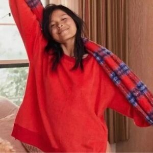 Aerie Women XS Red Fleece Oversized Side Slit Crew Neck